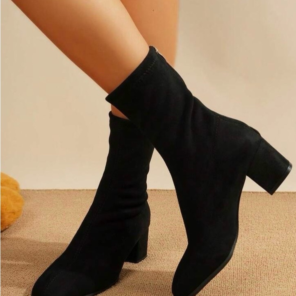 Square Toe Suede High Heel Ankle Boots, BLACK. SIZE US 10.5 (EUR 42) NEW